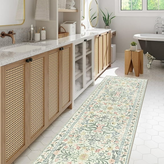 Lahome 2'x6' Washable Runner Rug for Living Room with Non Slip Backing,Traditional Boho Hallway Runner Rug,Low Pile Lightweight Carpet,Floral Print Mat,Better Home,Washable Machine,Beige