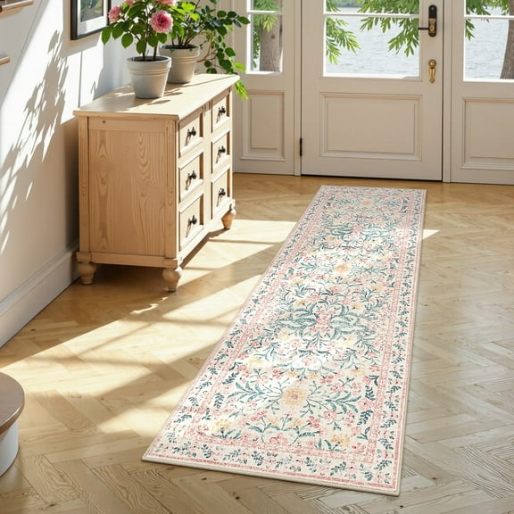 Lahome 2'x6' Washable Runner Rug for Living Room with Non Slip Backing,Traditional Boho Hallway Runner Rug,Low Pile Lightweight Carpet,Floral Print Mat,Better Home,Washable Machine,Pink