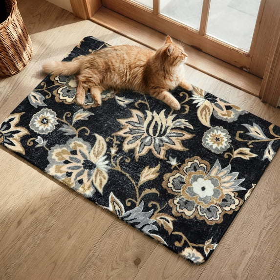 Lahome 2x3 Floral Washable Rugs for Entryway, Small Black Non Slip Bedroom Rug with Rubber Backing , Soft Ultra Thin Indoor Mat for Bathroom Kitchen