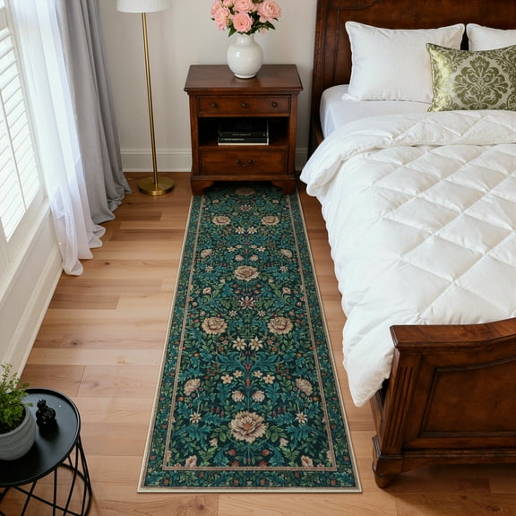 Lahome 2x6 Floral Hallway Runner Rug, Boho Washable Non Slip Rugs for Kitchen, Ultra-Thin Botanical Indoor Floor Carpet for Bathroom Entrance Laundry Room, Navy Blue