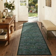Lahome Washable 2'x6' Floral Runner Rug, Dark Green Non-Slip Rugs for Hallway, Ultra-Thin Soft Boho Forest Carpet for Ki
