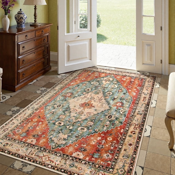 Lahome 3'x5' Area Rugs for Living Room,Machine Washable Rugs,Low Pile Non Slip Vintage Floral Print Rug Carpet for Entryway,Hallway,Kitchen,Home Decor,Geometric Tribal