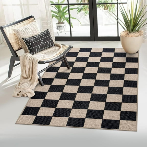 Lahome 3'x5' Checkered Easy Jute Area Rug,Outdoor Patio Rug Washable Rugs for Entryway Checkerboard Indoor Outdoor Living Room Classroom Rugs,Farmhouse Neutral Non Slip Black Carpet for Bedroom