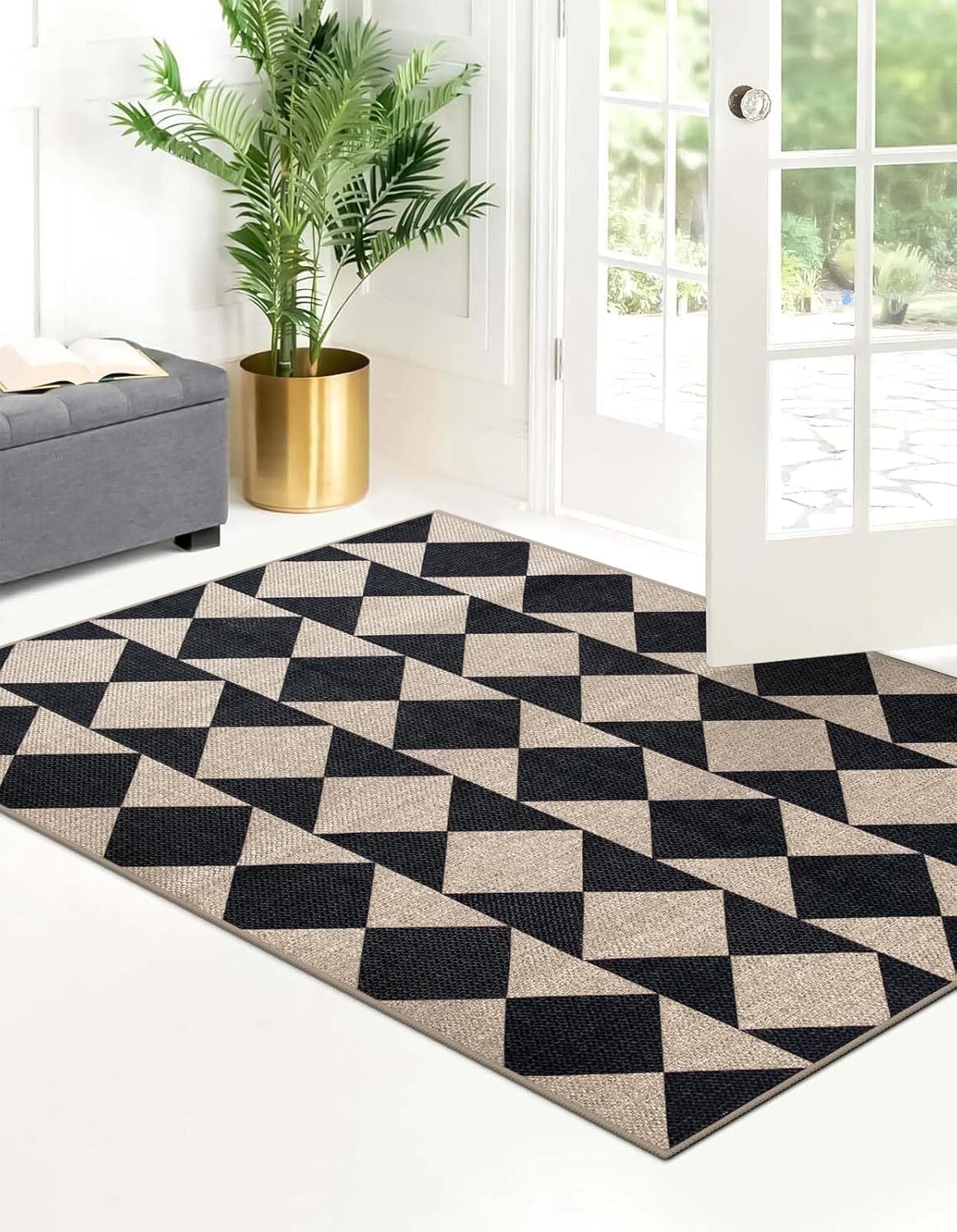 Lahome 3'x5' Checkered Easy Jute Area Rug,Outdoor Patio Rug Washable Rugs for Entryway Checkerboard Indoor Outdoor Living Room Classroom Rugs,Farmhouse Neutral Non Slip Black Carpet for Bedroom