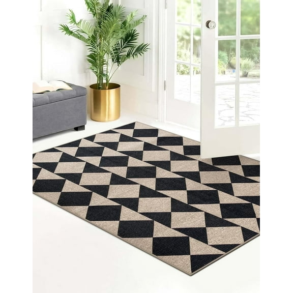 Lahome 3'x5' Checkered Easy Jute Area Rug,Outdoor Patio Rug Washable Rugs for Entryway Checkerboard Indoor Outdoor Living Room Classroom Rugs,Farmhouse Neutral Non Slip Black Carpet for Bedroom