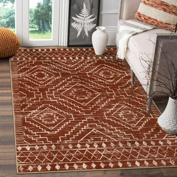 Lahome 3'x5' Moroccan Area Rug, Washable Non-Shedding Carpet, Geometric Tribal Rug for Living Room Kitchen Entry, Low Pile Soft Floor Mat for Apartment Dorm Bedroom,Brown