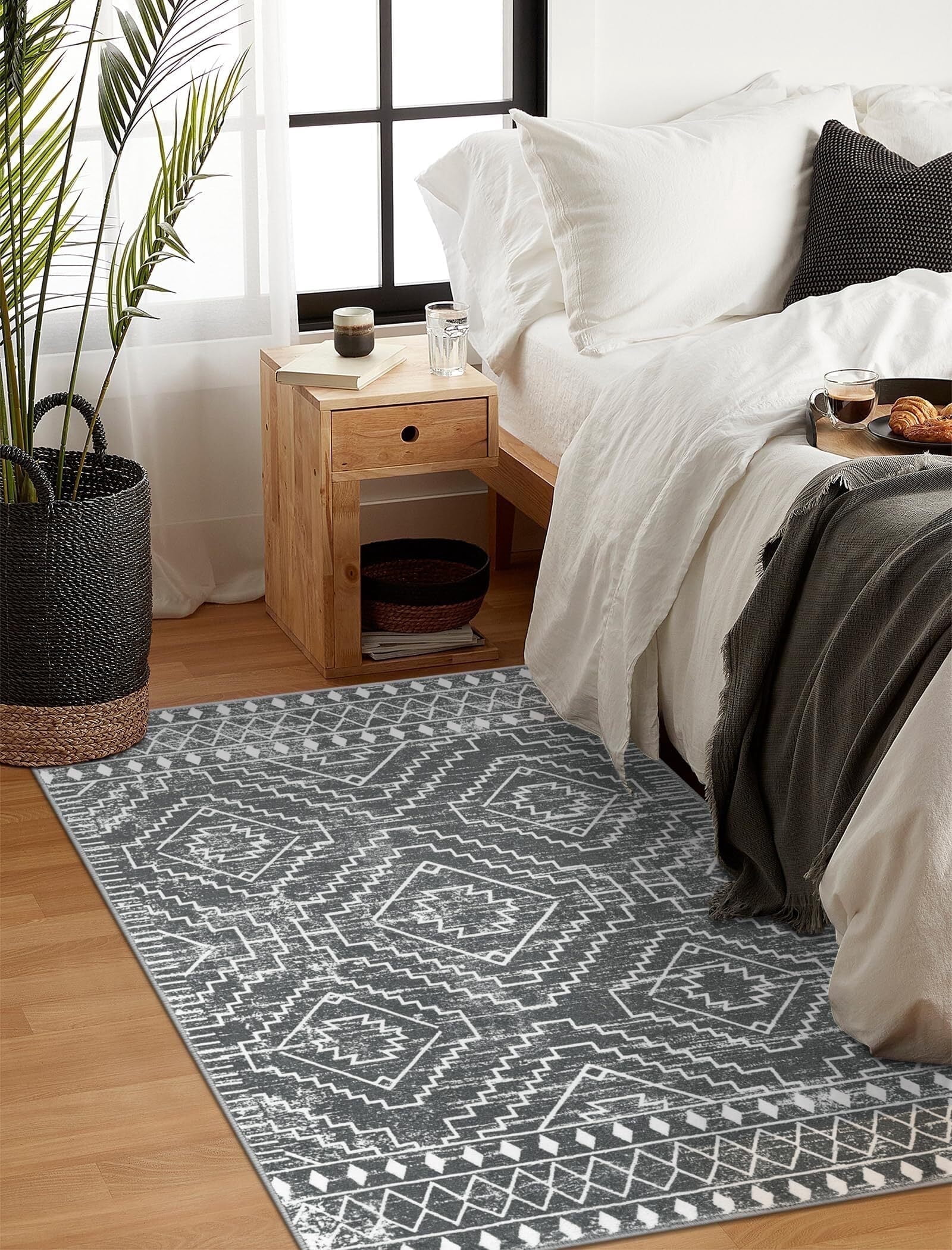 Lahome 3'x5'Washable Area Rug, Boho Living Room Rug, Non-Slip Farmhouse Rustic Bedroom Throw Mat, Non-Shedding Soft Geometric Floor Carpet for Kitchen Entry Office,Dark Grey