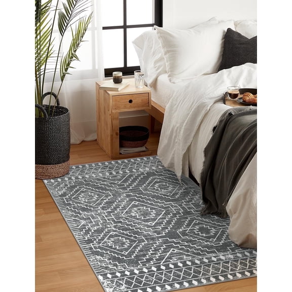 Lahome 3'x5'Washable Area Rug, Boho Living Room Rug, Non-Slip Farmhouse Rustic Bedroom Throw Mat, Non-Shedding Soft Geometric Floor Carpet for Kitchen Entry Office,Dark Grey