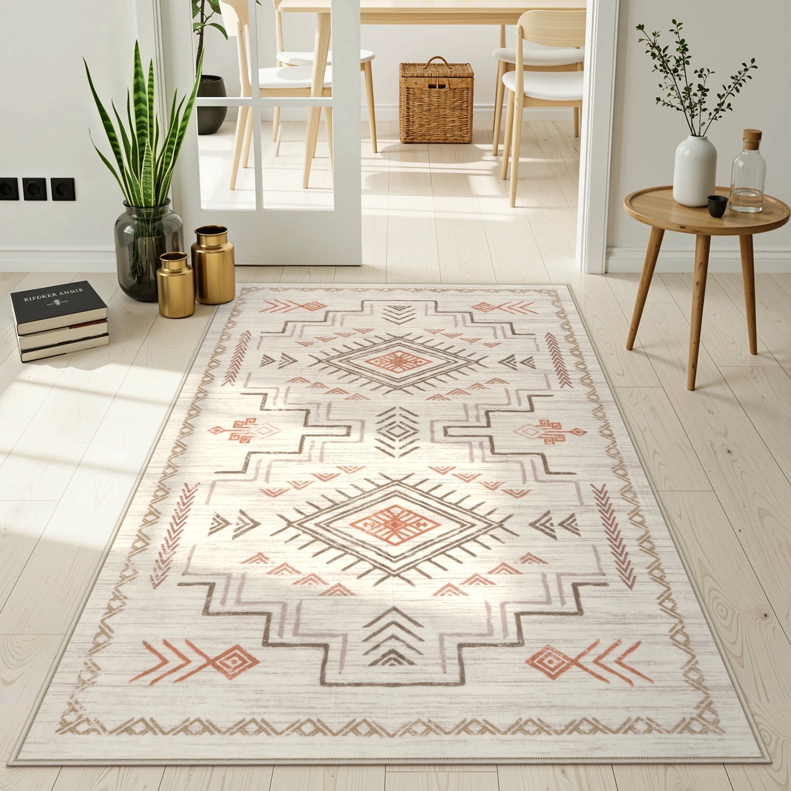 Lahome Washable 3'x5' Area Rug, Brown Rugs for Living Room, Non-Slip Small Entryway Aztec Tribal Carpet for Bedroom Kitchen Bathroom, Low-Pile Classic Boho Western Decor, Brown