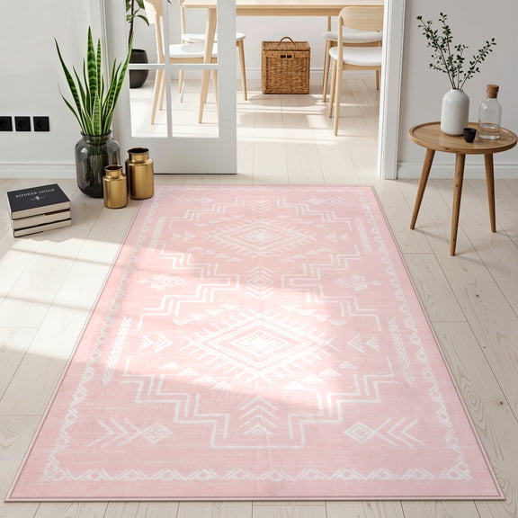 Lahome Washable 3'x5' Area Rug, Pink Rugs for Living Room, Non-Slip Small Entryway Tribal Aztec Carpet for Bedroom Girls Kitchen, Low-Pile Classic Boho Western Decor, Pink