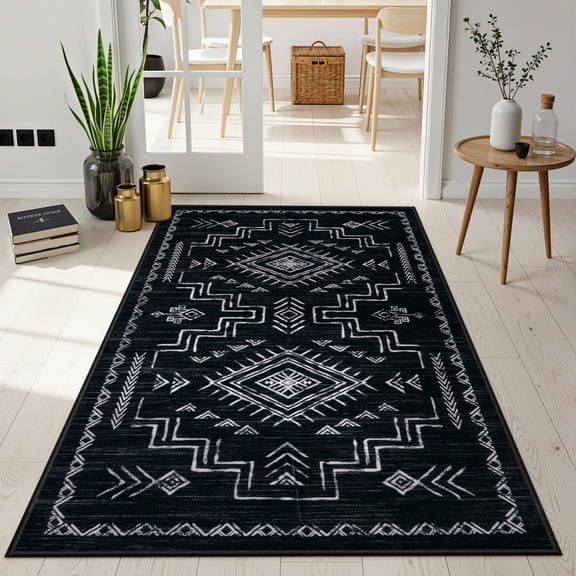 Lahome 3x5 Washable Non-Slip Area Rug - Black Aztec Tribal Design for Living Room, Bedroom, Kitchen & Bathroom - Low-Pile Indoor Carpet