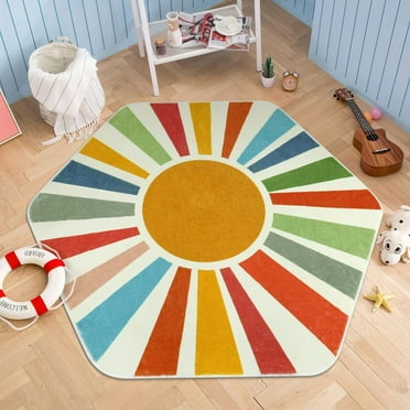 Lahome 4'x4'7" Hexagonal Rainbow Sun Rug,Boho Machine Washable Carpet for Kids' Playrooms, Classrooms & Dorms, Non-Slip Faux Wool Rug for Reading Corners & Nurseries