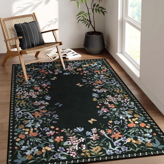 Lahome 4x6 Floral Washable Rugs for Living Room, Black Non Slip Bedroom Rug with Rubber Backing , Soft Low Pile Ultra Thin Carpet for Dorm Office Indoor