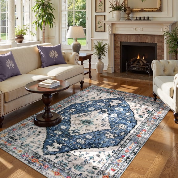 Lahome 5'x7' Boho Tribal Area Rug,Distressed Small Entryway Rug Doormat Bohemian Faux Wool Non-Slip Washable Low-Pile Floor Carpet for Indoor Front Entrance Kitchen Bathroom,Blue