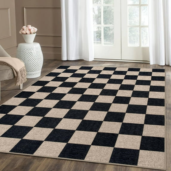 Lahome 5'x7' Checkered Easy Jute Area Rug,Outdoor Patio Rug Washable Rugs for Entryway Checkerboard Indoor Outdoor Living Room Classroom Rugs,Farmhouse Neutral Non Slip Black Carpet for Bedroom