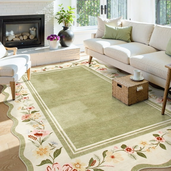 Lahome 5'x7' Floral Scalloped Area Rug for Living Room - 5x7 Ultra-Thin Soft Washable Non-Slip Bedroom Stain Resistant Lightweight Boho Low-Pile Throw for Dining Room Office (5x7ft,Green)