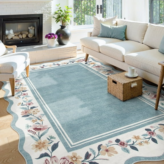 Lahome 5'x7' Floral Scalloped Area Rug for Living Room - 5x7 Ultra-Thin Soft Washable Non-Slip Bedroom Stain Resistant Lightweight Boho Low-Pile Throw for Dining Room Office (5x7ft,Blue)