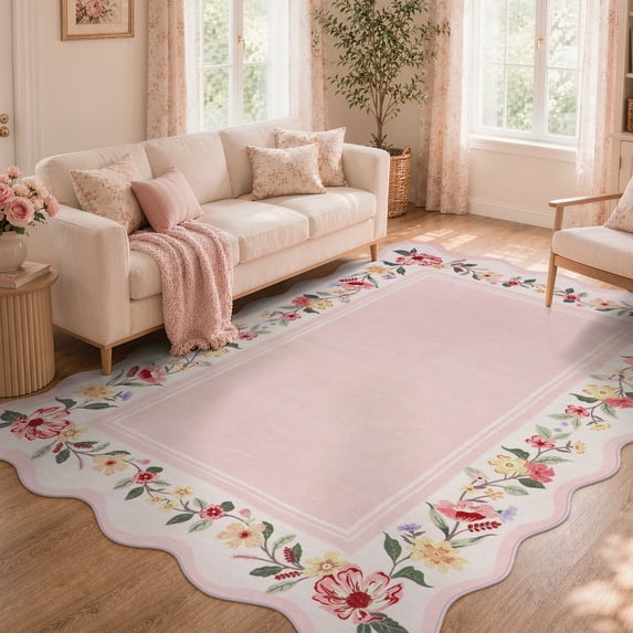 Lahome 5'x7' Floral Scalloped Area Rugs for Living Room, Washable Rugs Non Slip Boho Rug, Soft Low Pile Stain Resistant Carpet for Bedroom Nursery Kid Room Playroom, Pink