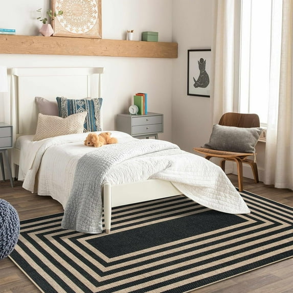 Lahome 5'x7' Modern Geometric Jute Outdoor Rug Large Black Farmhouse Washable Indoor Outdoor Rug for Patio, Living Room, Dining Room & Backyard Deck,Carpet for Office RV Patio