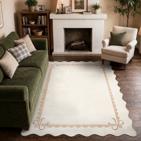 Lahome 5'x7' Scalloped Bow Rug for Living Room ,Area Rug 5x7ft ,Non Slip Machine Washable Rugs ,Solid Beige Rug Low Pile Boho Rug for Bedroom Dining Room Office Farmhouse,Beige
