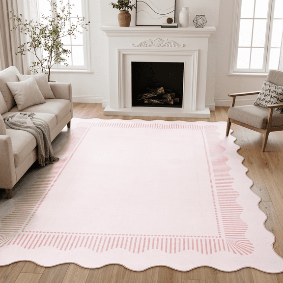 Lahome 5'x7' Scalloped Vintage Rug for Living Room ,Area Rug 5x7ft ,Non Slip Machine Washable Rugs ,Solid Pink Rug Low Pile Boho Rug for Bedroom Dining Room Office Farmhouse
