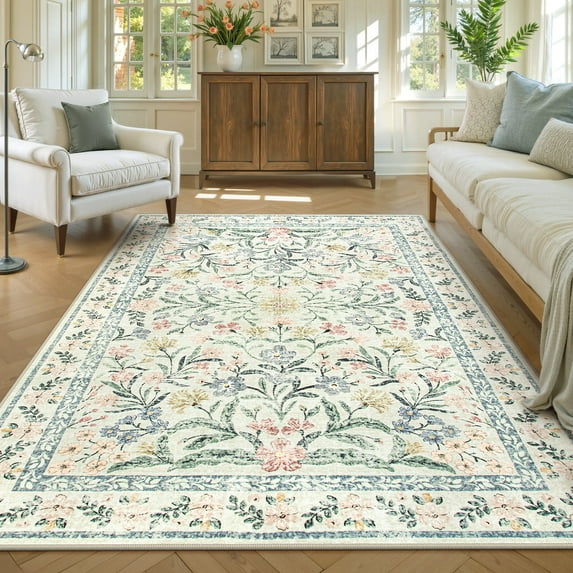 Lahome 5'x7' Washable Area Rug for Living Room with Non Slip Backing,Traditional Boho Rug,Low Pile Lightweight Carpet,Floral Print Mat,Better Home,Washable Machine for Bedroom,Beige