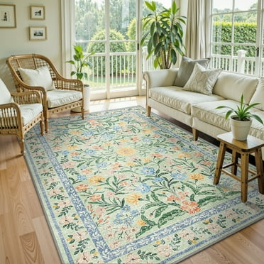 Lahome 5'x7' Washable Area Rug for Living Room with Non Slip Backing,Traditional Boho Rug,Low Pile Lightweight Carpet,Floral Print Mat,Better Home,Washable Machine for Bedroom,Green