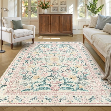 Lahome 5'x7' Washable Area Rug for Living Room with Non Slip Backing,Traditional Boho Rug,Low Pile Lightweight Carpet,Floral Print Mat,Better Home,Washable Machine for Bedroom,Pink