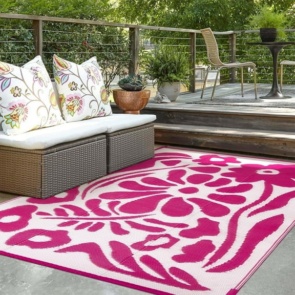 Lahome 5'x8' Outdoor RV Rug - Reversible Waterproof Patio Mat,Abstract Botanical Design for Backyard, Balcony & Beach (Pink)