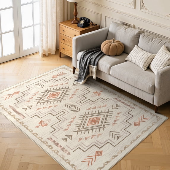 Lahome Moroccan Washable 5'x7' Area Rug, Brown Rugs for Living Room, Soft Non-Slip Stain Resistant Aztec Tribal Carpet for Bedroom Dining Room Office, Neutral Large Area Rugs, Brown