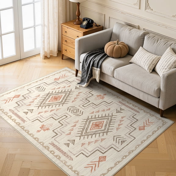 Lahome 5x7 Beige Western and Aztec Tribal Area Rug - Soft, Non-Slip, Washable, Stain Resistant Carpet for Living Room, Bedroom, and Dining Room