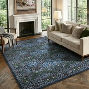 Lahome Washable 5'x7' Floral Area Rug, Blue Forest Rugs for Living Room, Non-Slip Low Pile Stain-Resistant Boho Carpet f