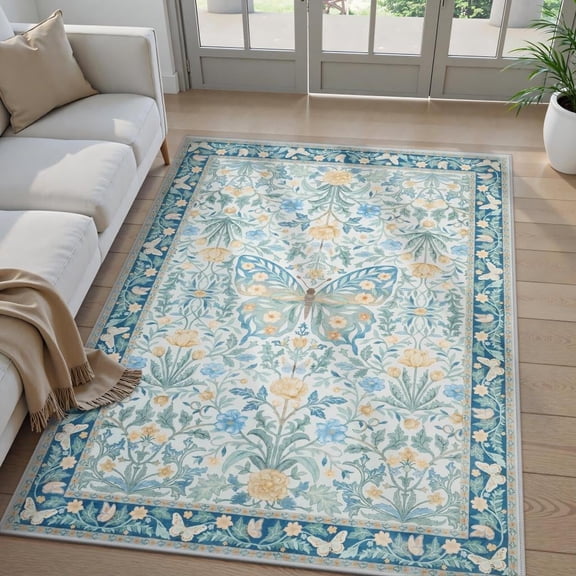 Lahome 5x7 Butterfly Washable Rugs for Living Room，Soft Ultra Thin Blue Boho Bedroom Rug, Non Slip Floral Carpet for Nursery Playroom Indoor