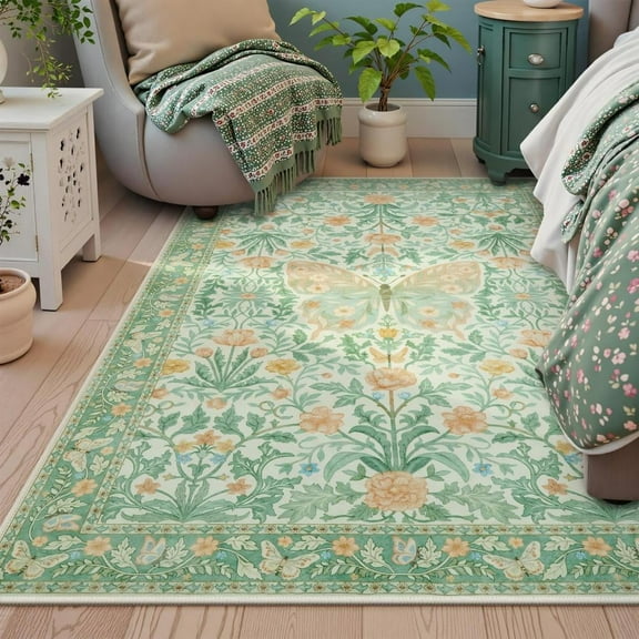Lahome 5x7 Butterfly Washable Rugs for Living Room,Soft Ultra Thin Green Boho Bedroom Rug, Non Slip Floral Carpet for Nursery Playroom Indoor