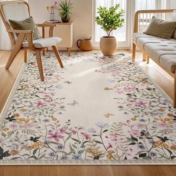 Lahome 5x7 Floral Washable Rugs for Living Room, Beige Non Slip Bedroom Rug with Rubber Backing , Soft Low Pile Ultra Thin Carpet for Playroom Dorm Indoor
