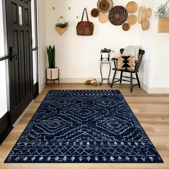 Lahome 5'x7 Washable Moroccan Area Rugs for Living Room, Non-Slip Indoor Bedroom Rug with Rubber Backing, Soft Blue Carpet for Nursery Office