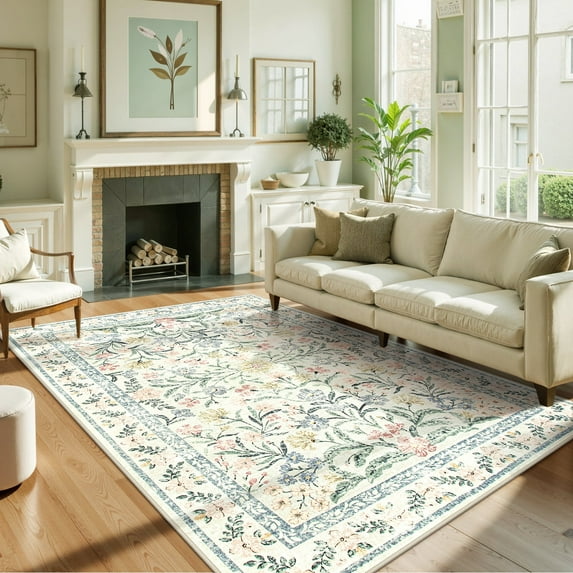 Lahome 6'x9' Cream Boho Floral Washable Rug ,Soft Non-Slip Carpet,Vintage Distressed Design for Living Room, Bedroom & Nursery, Large Low-Pile Rug for Home Office, Dorm & Entryway,Beige