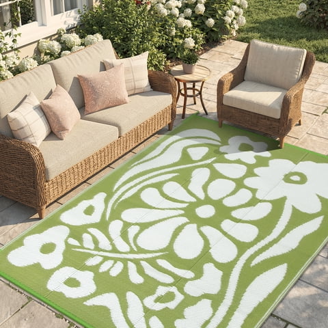 Lahome 6'x9' Outdoor Camping Rug - Waterproof Reversible Plastic Straw Mat,Green Flower Pattern for Camper, Garden & Tent (Green Flower)