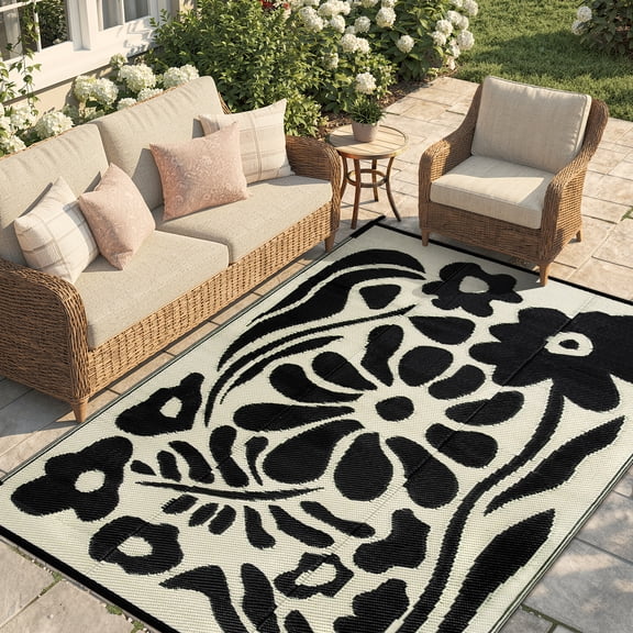 Lahome 6'x9' Outdoor RV Rug - Waterproof Reversible Plastic Straw Mat,Abstract Floral Pattern for Deck, Balcony & Camping (Black & White)
