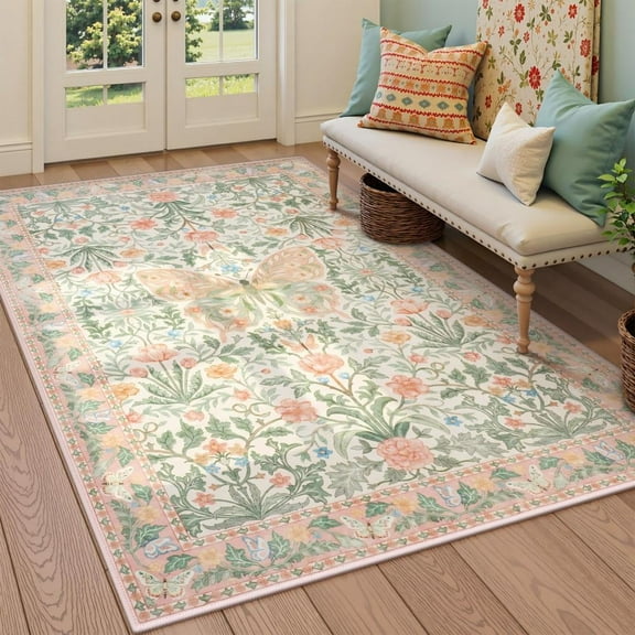 Lahome 6x9 Butterfly Washable Rugs for Living Room, Large Soft Ultra Thin Pink Boho Girls Bedroom Rug, Non Slip Floral Carpet for Nursery Indoor