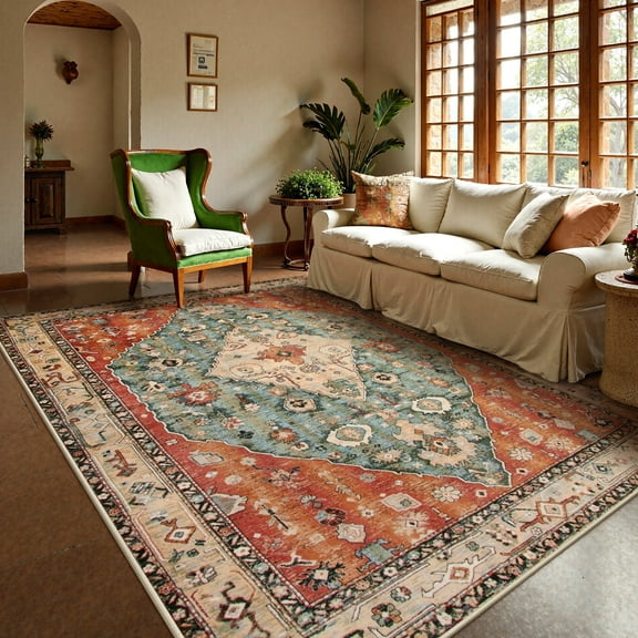 Lahome 8'x10' Area Rugs for Living Room,Machine Washable Rugs,Low Pile Non Slip Vintage Floral Print Rug Carpet for Entryway,Hallway,Kitchen,Home Decor,Geometric Tribal