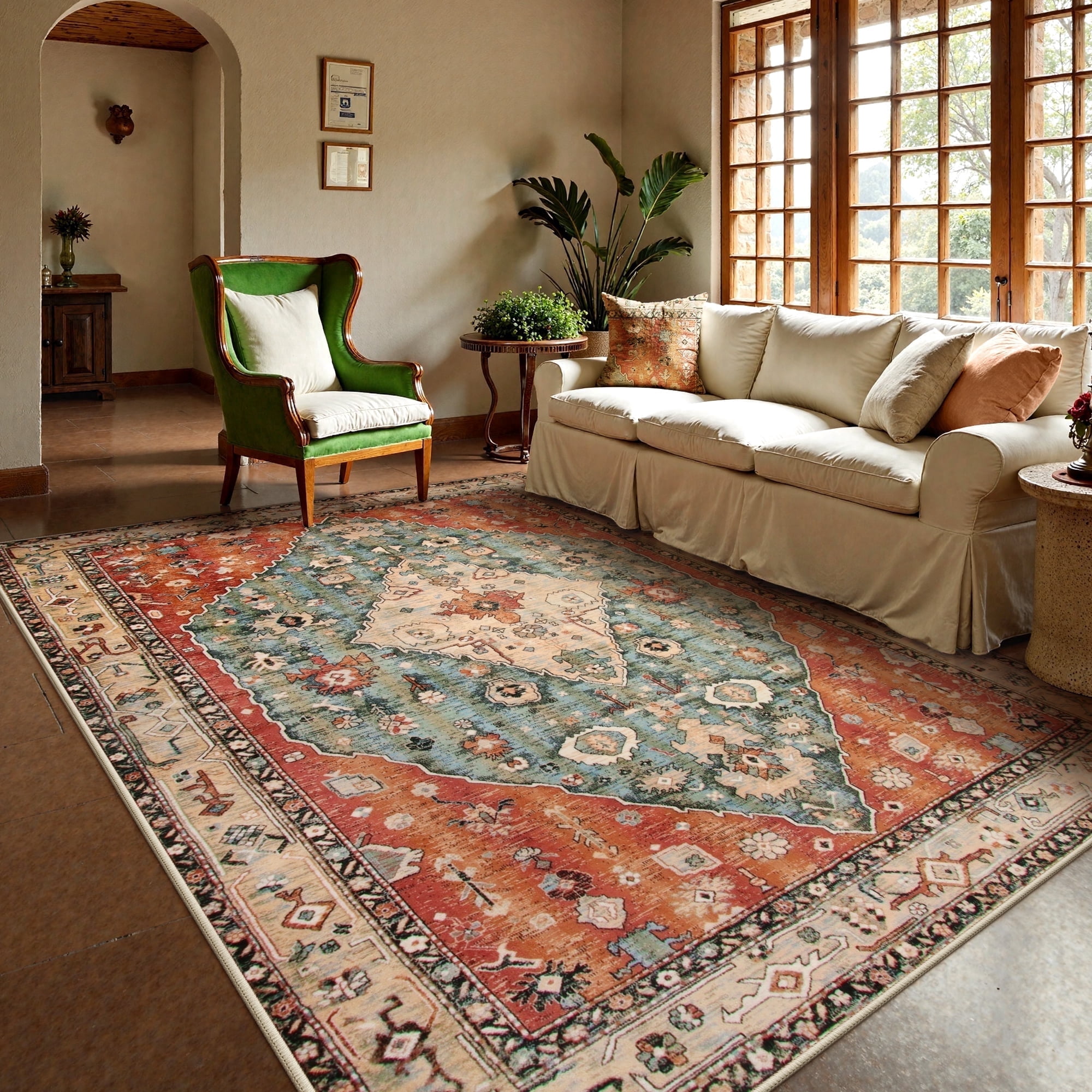 Lahome 8'x10' Area Rugs for Living Room,Machine Washable Rugs,Low Pile Non Slip Vintage Floral Print Rug Carpet for Entryway,Hallway,Kitchen,Home Decor,Geometric Tribal