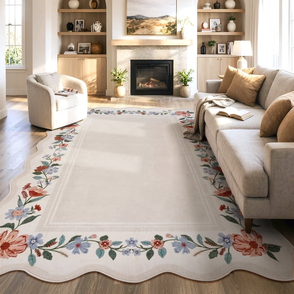 Lahome 8'x10' Boho Floral Scalloped Area Rug, Machine Washable, Non-Slip Low-Pile Vintage Distressed Design for Living Room, Bedroom, Dining Room Office, Beige