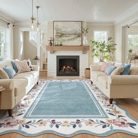 Lahome 8'x10' Boho Floral Scalloped Area Rug,Machine Washable, Non-Slip Low-Pile Vintage Distressed Design for Living Room, Bedroom, Dining Room Office,Blue