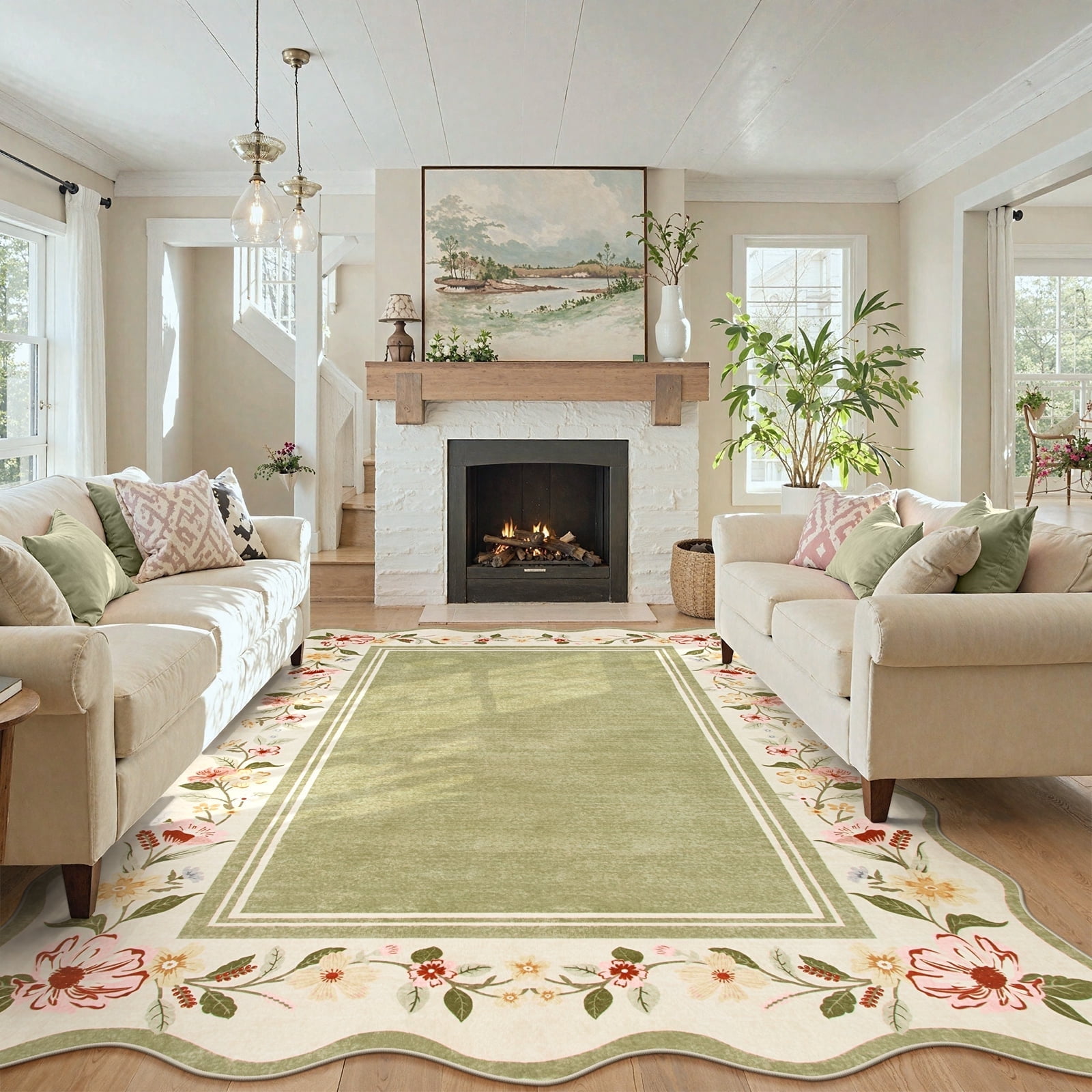 Lahome 8'x10' Boho Floral Scalloped Area Rug,Machine Washable, Non-Slip Low-Pile Vintage Distressed Design for Living Room, Bedroom, Dining Room Office,Green