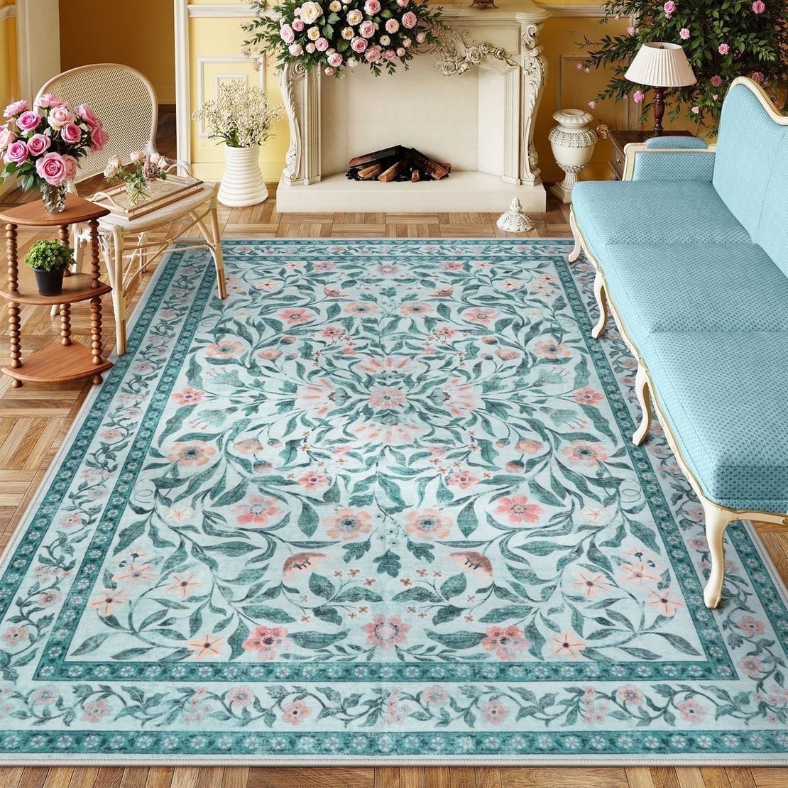 Lahome 8'x10' Boho Green Floral Area Rug, Machine Washable Large Rug ...