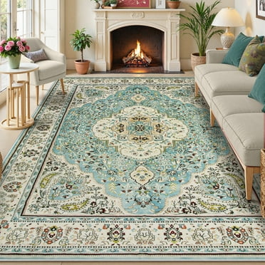 Lahome 8'x10' Boho Tribal Area Rug,Distressed Small Entryway Rug Doormat Bohemian Faux Wool Non-Slip Washable Low-Pile Floor Carpet for Indoor Front Entrance Kitchen Bathroom,Sky Blue