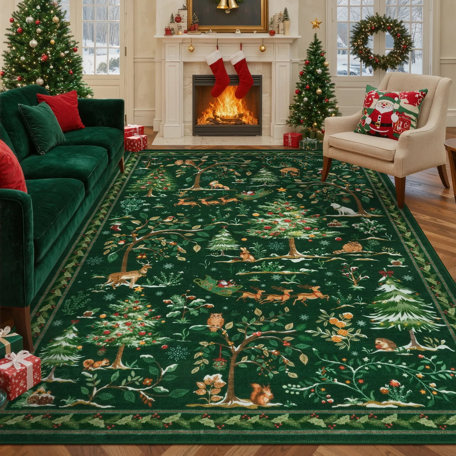Lahome 8'x10' Christmas Washable Area Rugs,Soft Vintage Ultra-Thin 8x10 Green Rugs for Living Room Bedroom, Easy Clean Boho Non-Slip Accent Carpet for Dining Room Office Holiday Decor(8x10ft,Green)