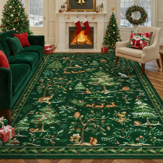 Lahome 8'x10' Christmas Washable Area Rugs,Soft Vintage Ultra-Thin 8x10 Green Rugs for Living Room Bedroom, Easy Clean Boho Non-Slip Accent Carpet for Dining Room Office Holiday Decor(8x10ft,Green)