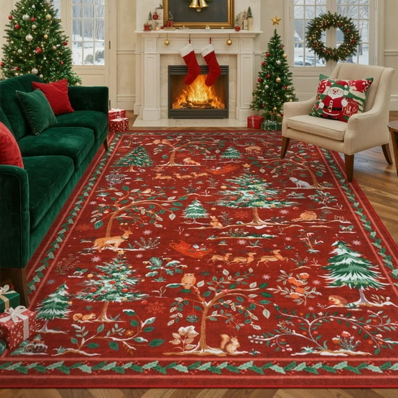 Lahome 8'x10' Christmas Washable Area Rugs,Soft Vintage Ultra-Thin 8x10 Red Rugs for Living Room Bedroom, Easy Clean Boho Non-Slip Accent Carpet for Dining Room Office Holiday Decor(8x10ft,Red)